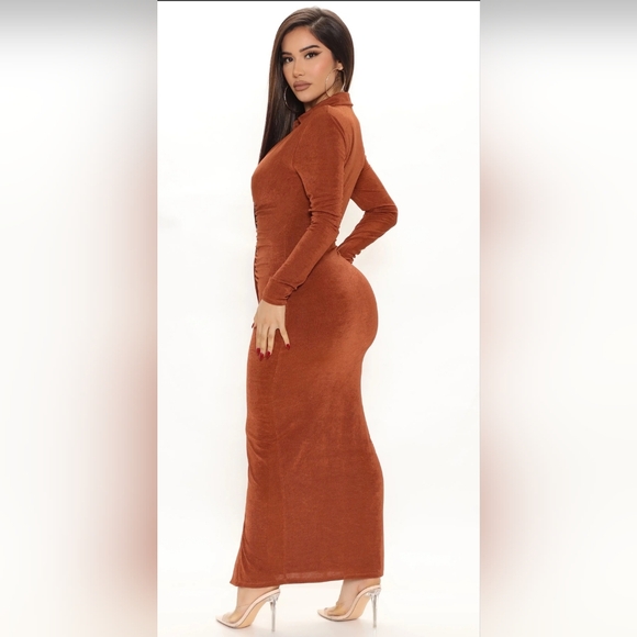 FASHION NOVA SILKY LONG SLEEVE MAXI DRESS - COPPER - BUTTON DOWN DRESS - Picture 2 of 2